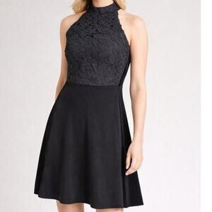 Kay Unger little black halter evening dress lace bodice size 8